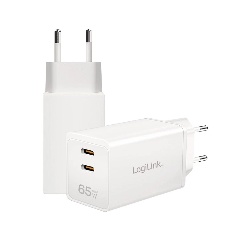 LogiLink PA0367 dvigubas USB-C sieninis įkroviklis 65 W, baltas
