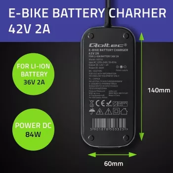 E-dviračio įkroviklis QOLTEC 50332 – 36V/42V, 2A, 5,5×2,1 mm kištukas