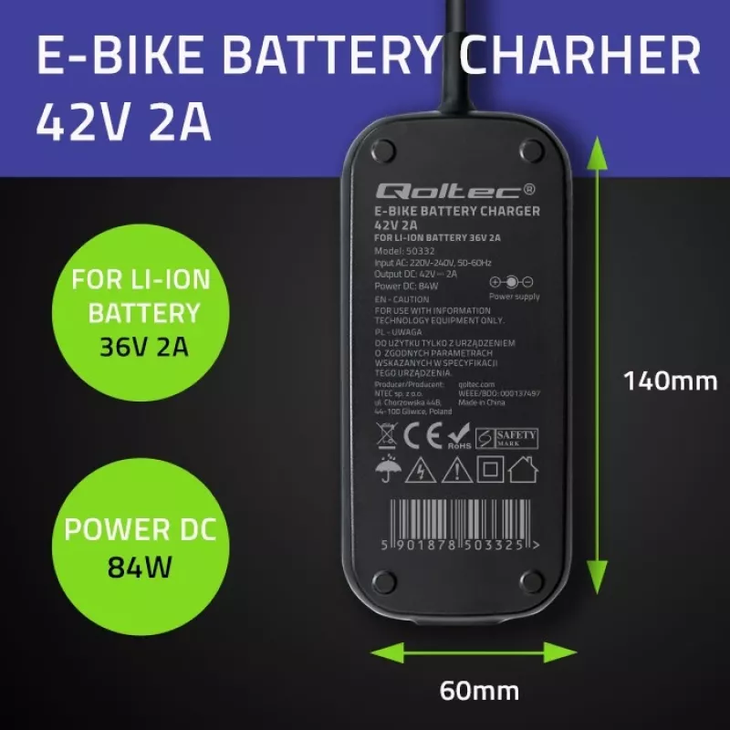 E-dviračio įkroviklis QOLTEC 50332 – 36V/42V, 2A, 5,5×2,1 mm kištukas