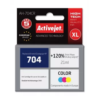 Kasetė ActiveJet AH-704CR suderinama su HP 704, XL didelės talpos, spalvota (žydra/magenta/geltona), 21 ml, atnaujinta premium