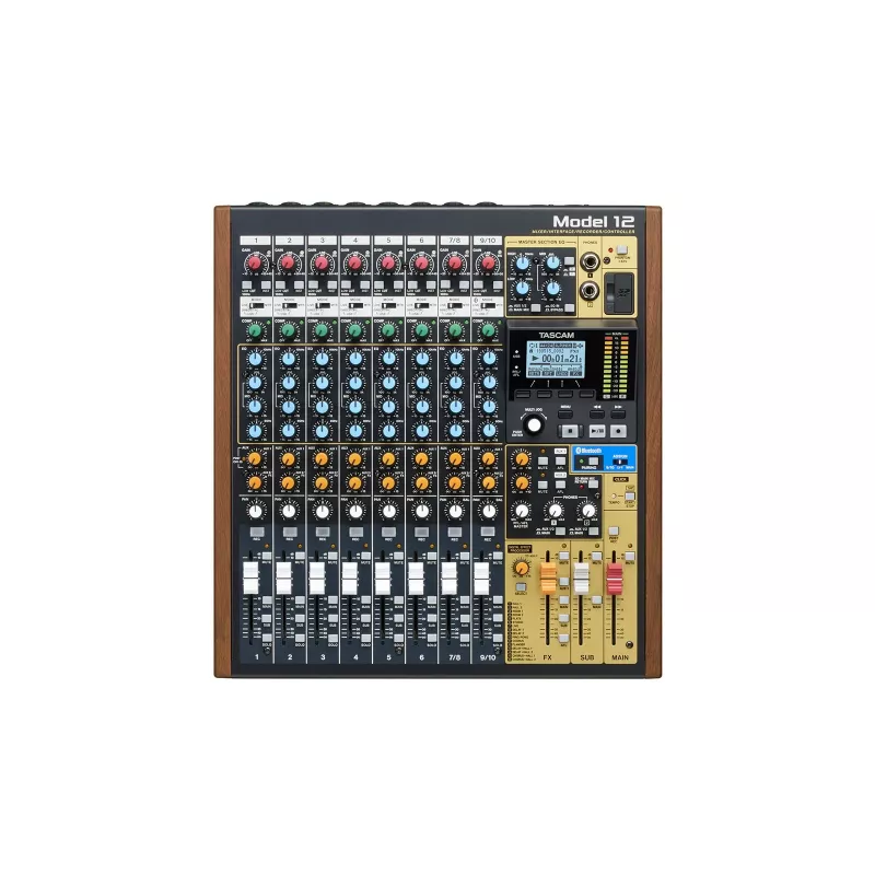 Mikseris Tascam Model 12 – 12 kanalų analoginis/digitalinis mikseris, 24 bitų, 48 kHz, USB-C, SD kortelė, Bluetooth 5.0