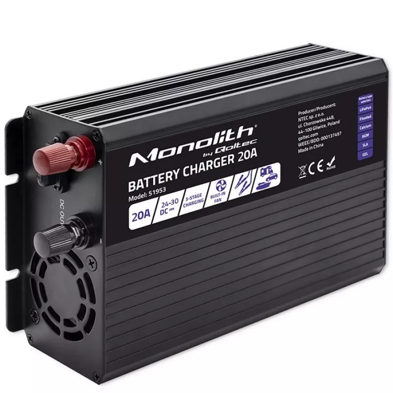 Qoltec Smart Monolith baterijų įkroviklis LiFePO4 AGM GEL SLA | 20A | 24V