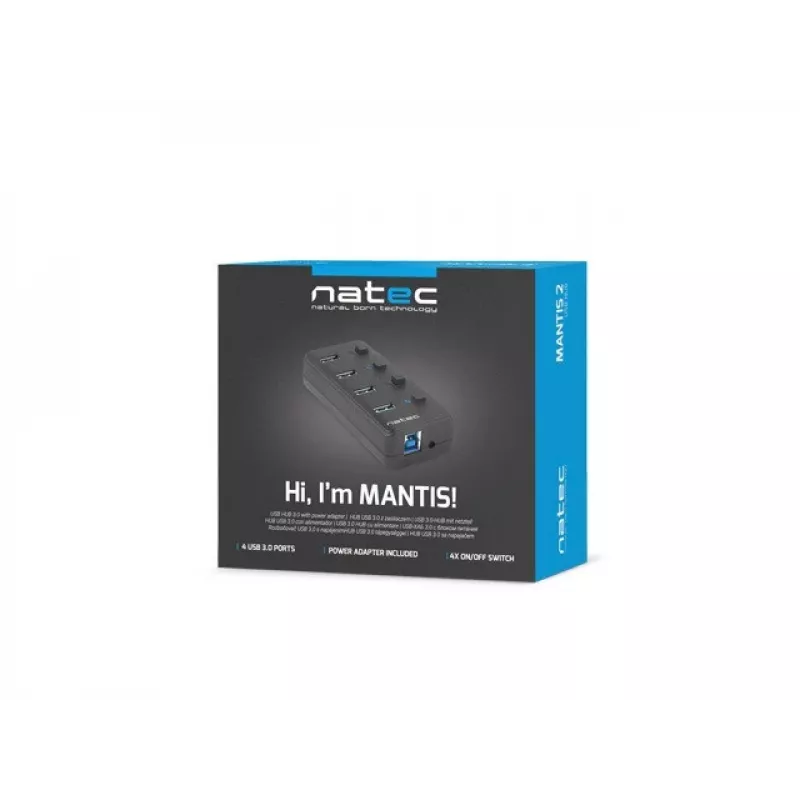 USB šakotuvas NATEC MANTIS USB 2.0 Type-B — 4x USB 3.2 Gen 1 Type-A, juodas, 0,8 m laidas, maitinimo adapteris, maitinimo jungiklis