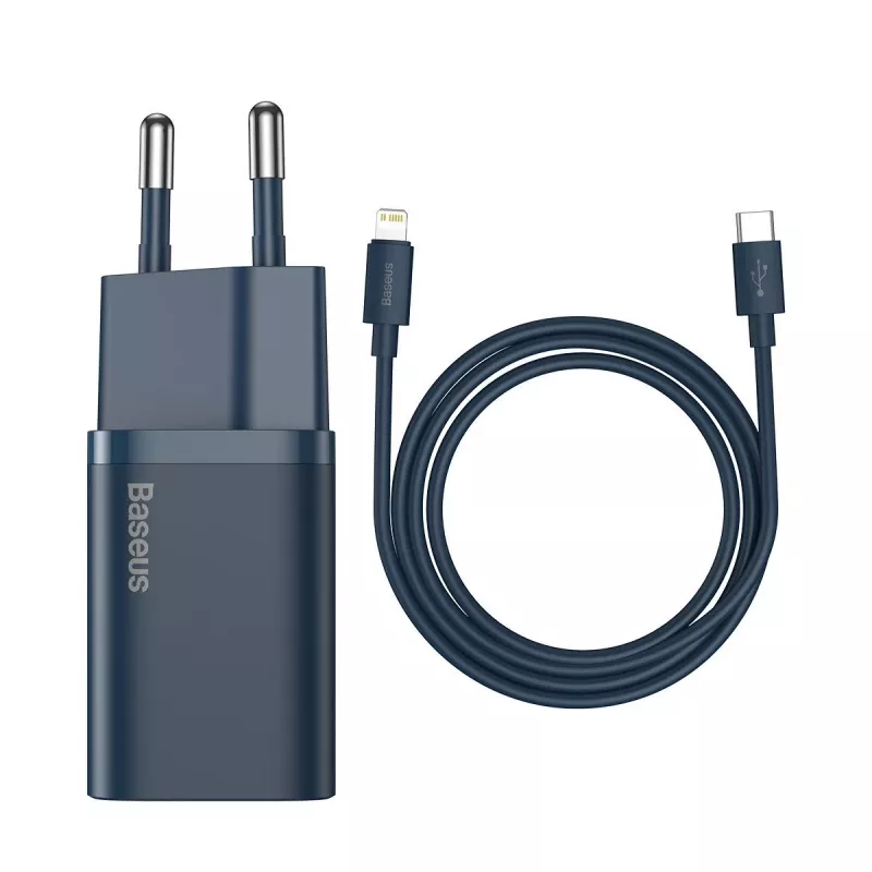 Baseus Super Si Power įkroviklis su USB-C į Lightning kabeliu 20W Mėlynas