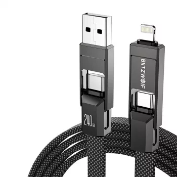 4 viename laidas BlitzWolf BW-HDC7 – USB-C, Lightning, USB-A, Micro-USB 1,2 m 240 W juodas