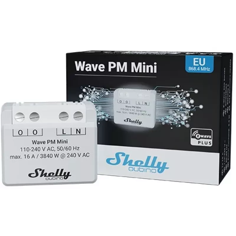 Shelly Qubino Wave PM Mini išmanusis jungiklis, 1 kanalo, montuojamas po tinku, Z-Wave, belaidis, 110–240 V AC / 24–30 V DC, pilkas