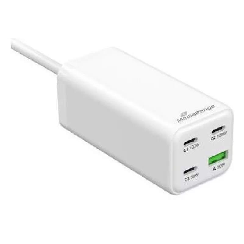 MediaRange MRMA124 greitasis kroviklis 100W, 3x USB-C, 100–240V, 1,5 m laidas, baltas