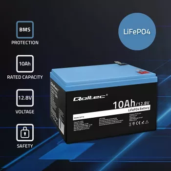 Įkraunama LiFePO4 baterija QOLTEC 10Ah 12.8V 128Wh su integruota BMS
