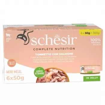 SCHESIR Tunas su lašiša drebučiuose – šlapias ėdalas katėms – 6x50g