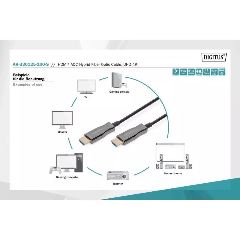 HDMI AOC hibridinis šviesolaidinis laidas Digitus AK-330125-100-S
