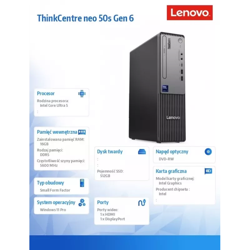 Lenovo ThinkCentre neo 50s Gen 6 13DM000MPB stalinis kompiuteris, Intel Core Ultra 5 225, 16GB DDR5, 512GB SSD, Windows 11 Pro