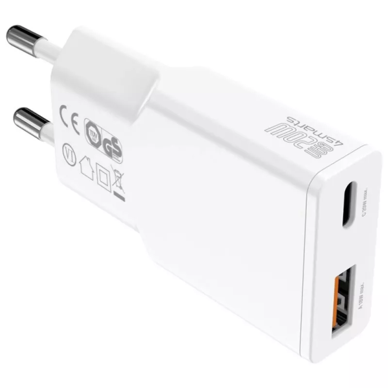 Kintamosios srovės patalpų mobiliojo įrenginio įkroviklis 4smarts 541509 — 100–240V, USB-A + USB-C, 1.5 m laidas, greitas įkrovimas, baltas