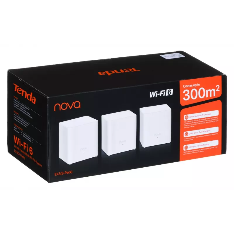 „Mesh“ Wi‑Fi sistema TENDA EX3-3, 3 vnt. rinkinys, dviejų juostų 2,4/5 GHz, Wi‑Fi 6, iki 1201+300 Mbps, 2 vidinės antenos, WPA3
