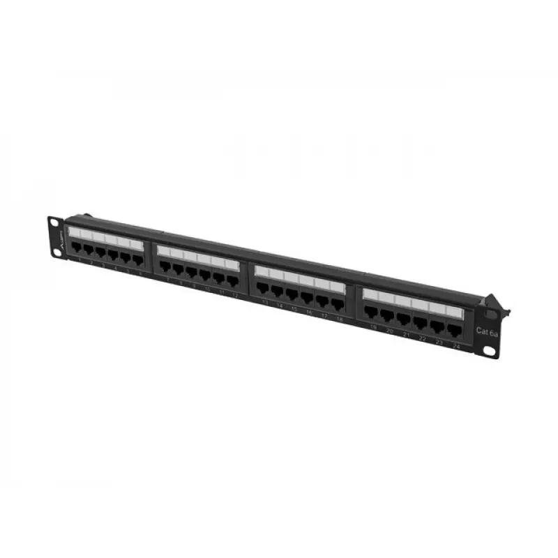 Patch panel 1U LANBERG PPUA-1024-B, 24 prievadai, Cat6a, U/UTP, 1U stovas, gylis 102 mm, metalas, juoda