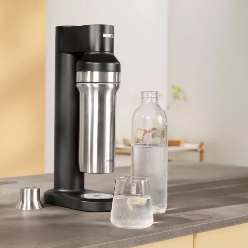 BRITA 118426 gazuotas butelis – 1 L stiklinis butelis su nerūdijančio plieno dangteliu, 287 mm aukštis, 2 vnt. pakuotė