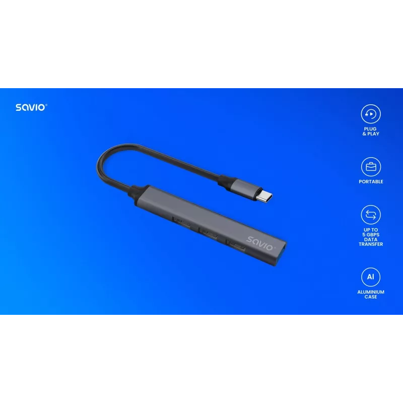 USB 3.0 4 prievadų sąsajos šakotuvas SAVIO AK-71 su USB-C laidu, 5000 Mbit/s, 2 metų garantija