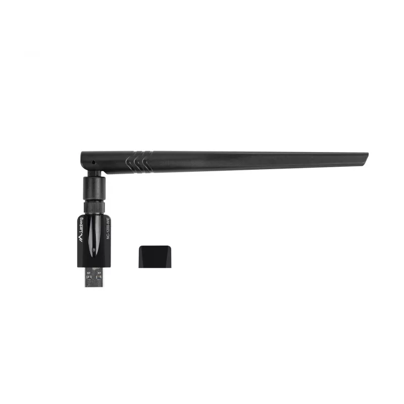 LANBERG NC-1200-WIE vidinė WLAN kortelė – dviejų juostų USB belaidžio ryšio adapteris, RTL8812BU, iki 1200 Mbit/s, išorinės 2x2 antenos (5 dBi), juoda