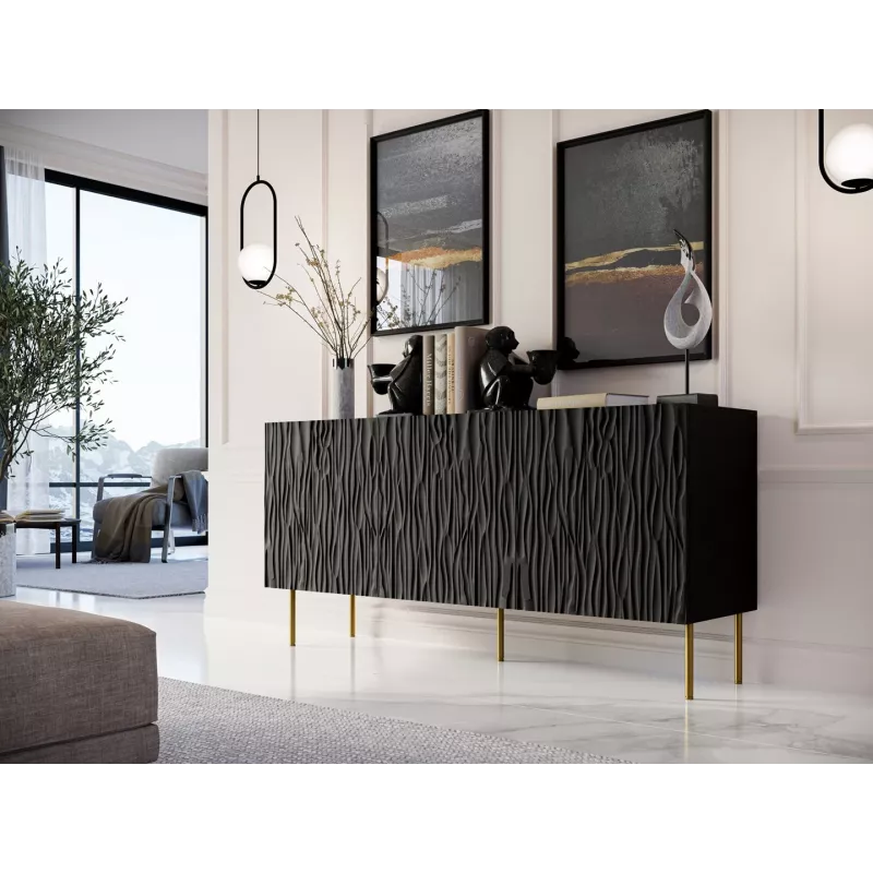 Komoda Cama Meble JUNGLE 1520×405×745 mm matinė juoda su auksinėmis kojelėmis, medžio drožlių plokštė