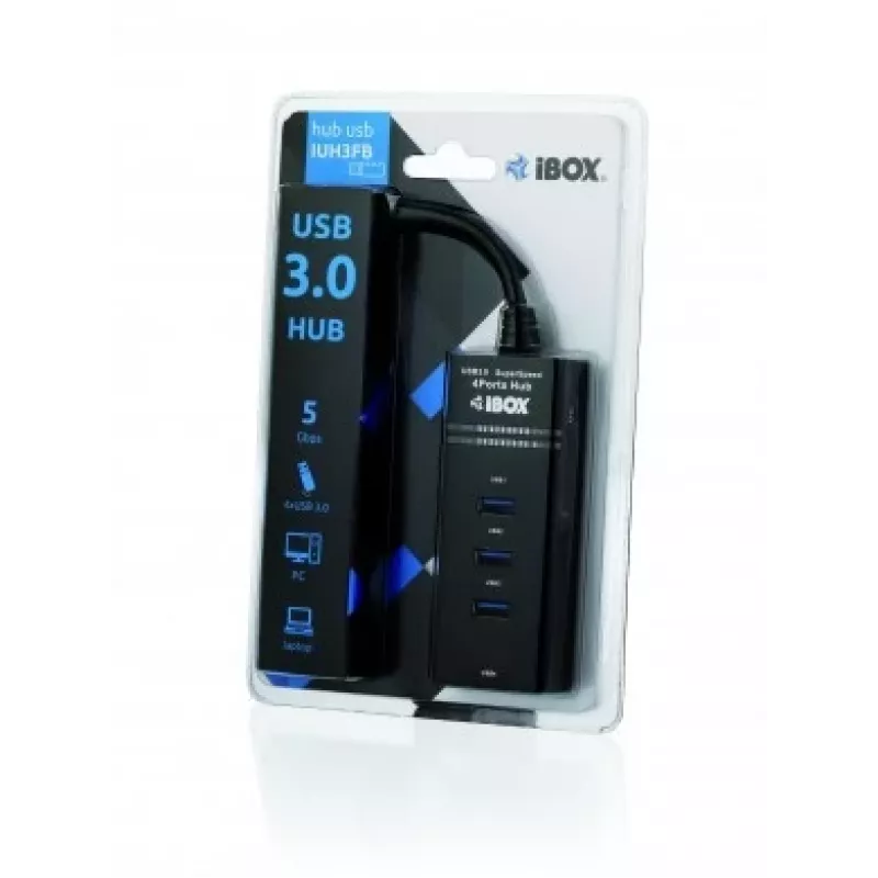 USB 3.2 Gen 1 Type-A 4 prievadų USB šakotuvas IBOX IUH3FB, 5000 Mbit/s, juodas, 0,5 m laidas