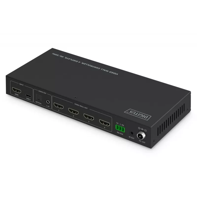 Vaizdo sienelės valdiklis DIGITUS DS-55358 – 4 ekranai, iki 4K (3840×2160) @30Hz, DisplayPort 1.2a, metalinis korpusas, valdymas mygtukais