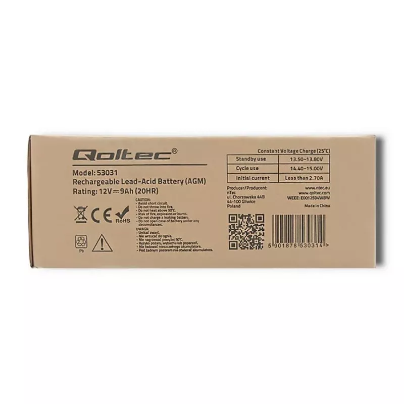 Nepriekaištingo maitinimo šaltinio baterija QOLTEC 53031 12V 9Ah žalia