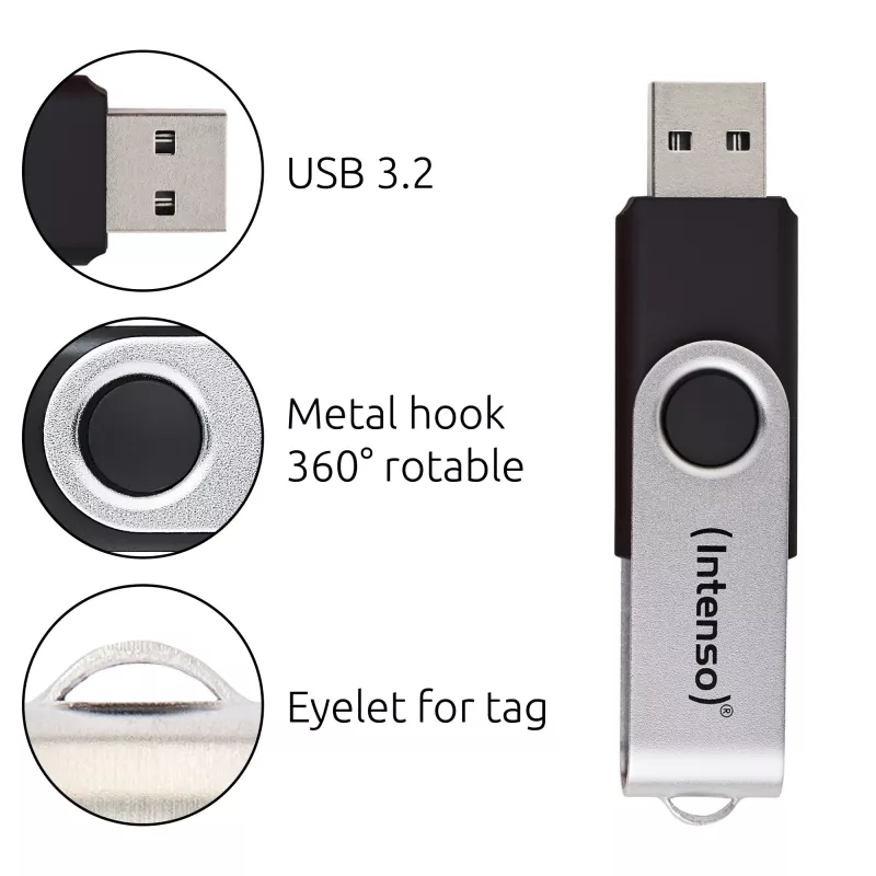 Intenso USB atmintukas Office Line, 64 GB, USB-A, 3.2 Gen 1x1, juodas-sidabrinis, su sukamu žiedu