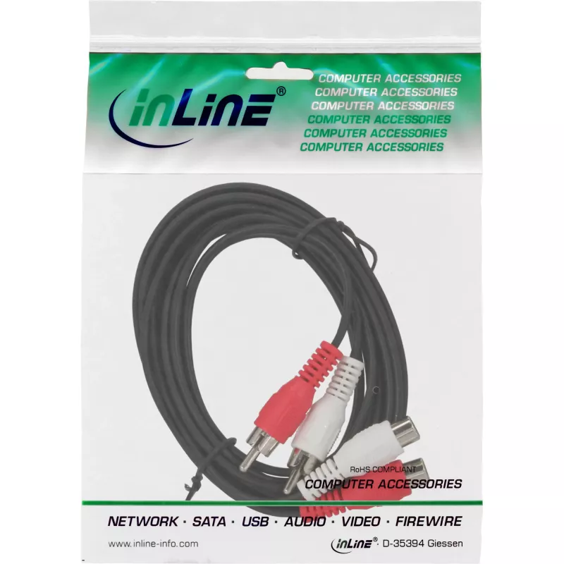 InLine garso kabelis 2x RCA kištukas / lizdas 20 m, juodas