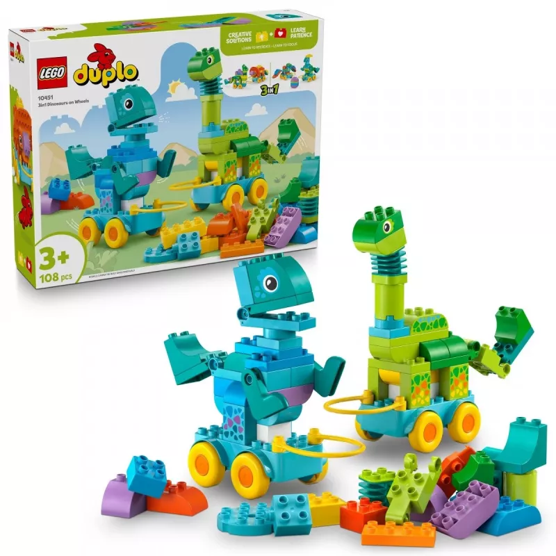Konstruktorius LEGO DUPLO 10451 Dinozaurai ant ratų 3-in-1 rinkinys, 108 dalių, nuo 3 metų, aukštis 220 mm
