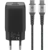 USB-C greitasis įkroviklis Nano, PD, GaN, 65 W, USB-C pintas laidas (juodas, 1x USB-A, 2x USB-C PD, Quick Charge 3.0, 1 m laidas)