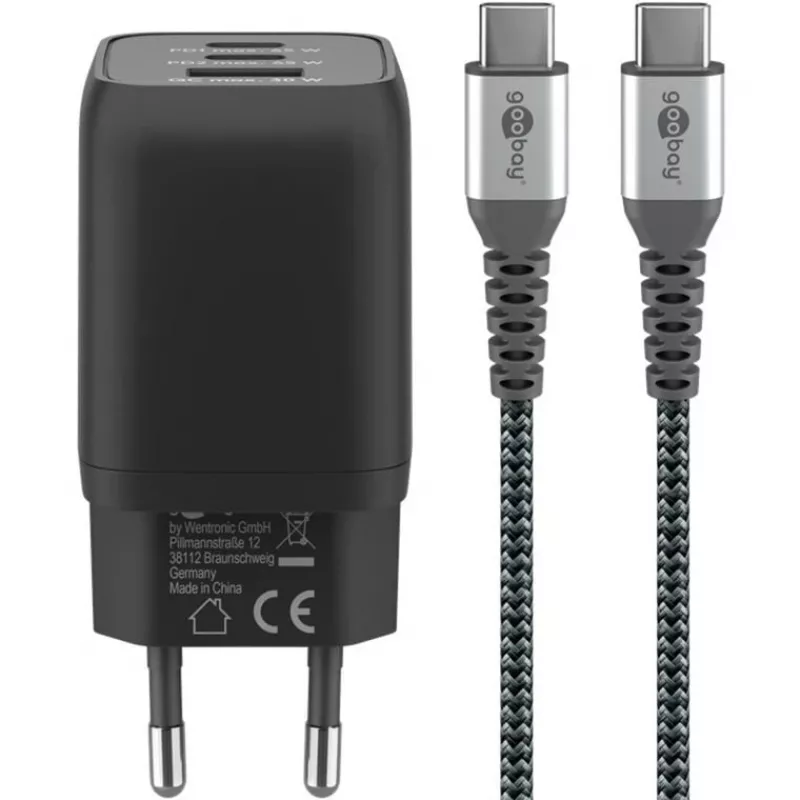 USB-C greitasis įkroviklis Nano, PD, GaN, 65 W, USB-C pintas laidas (juodas, 1x USB-A, 2x USB-C PD, Quick Charge 3.0, 1 m laidas)