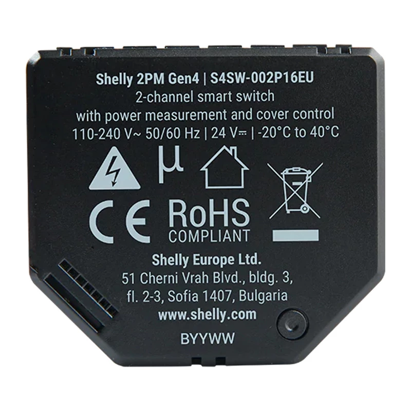 Shelly 2PM Gen4 žaliuzių ir roletų valdiklis 2 kanalai, AC 110–240V, 2.4 GHz Wi‑Fi, 1.4 W, 8000 KB flash