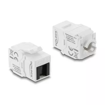 Keystone modulis DELOCK RJ45 į LSA Cat.6 UTP be įrankių su dulkių dangteliu, plokščias, 16×31,8×19,4 mm, baltas/juodas