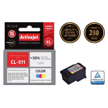 Kasetė rašalinė ActiveJet AC-511R suderinama su Canon CL-511, dažų CMY, didelės (XL) talpos 12 ml, vienetinis paketas