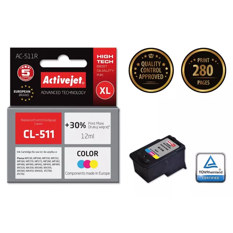 Kasetė rašalinė ActiveJet AC-511R suderinama su Canon CL-511, dažų CMY, didelės (XL) talpos 12 ml, vienetinis paketas