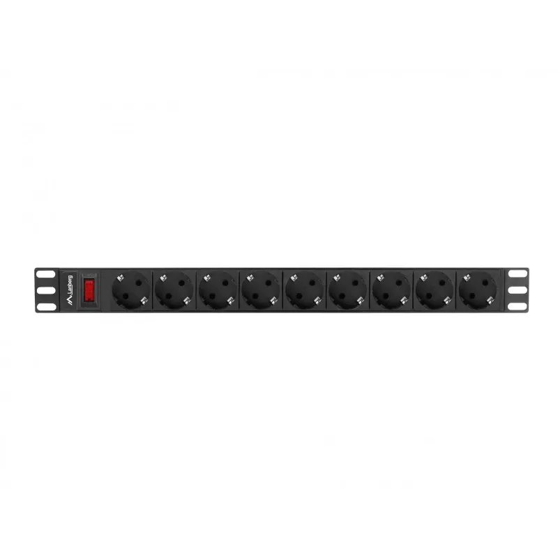 Maitinimo skirstytuvas LANBERG PDU-09F-0300-BK — 9x F tipo lizdai, 3 m laidas, aliumininis korpusas, 10 A
