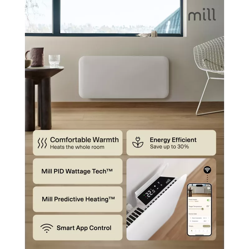 Mill WiFi Panelinis Šildytuvas | PA1500WIFI4A | 1500 W | Tinka iki 22 m² patalpoms | Baltas | IPX4