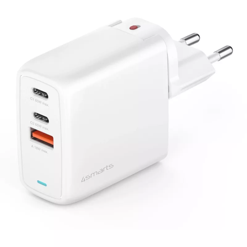 4smarts GaN Flex Universal baltas sieninis įkroviklis 65W 2xUSB-C + 1xUSB-A