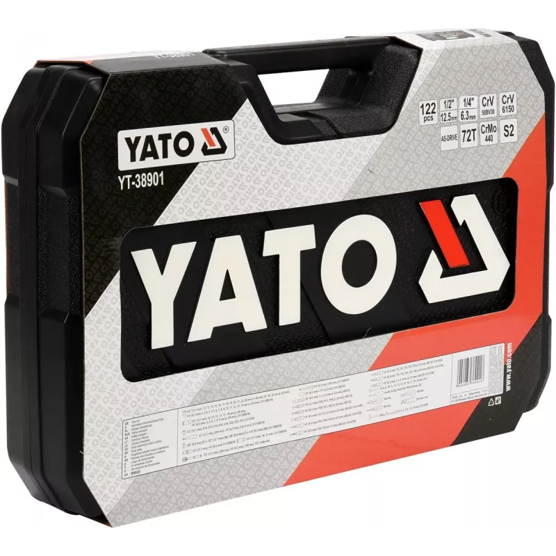 Mechaniko įrankių rinkinys YATO YT-38901 – 122 vnt., su lizdais 12–32 mm, reketu, prailginimais, atsuktuvais, plaktuku, replėmis, chromuota apdaila
