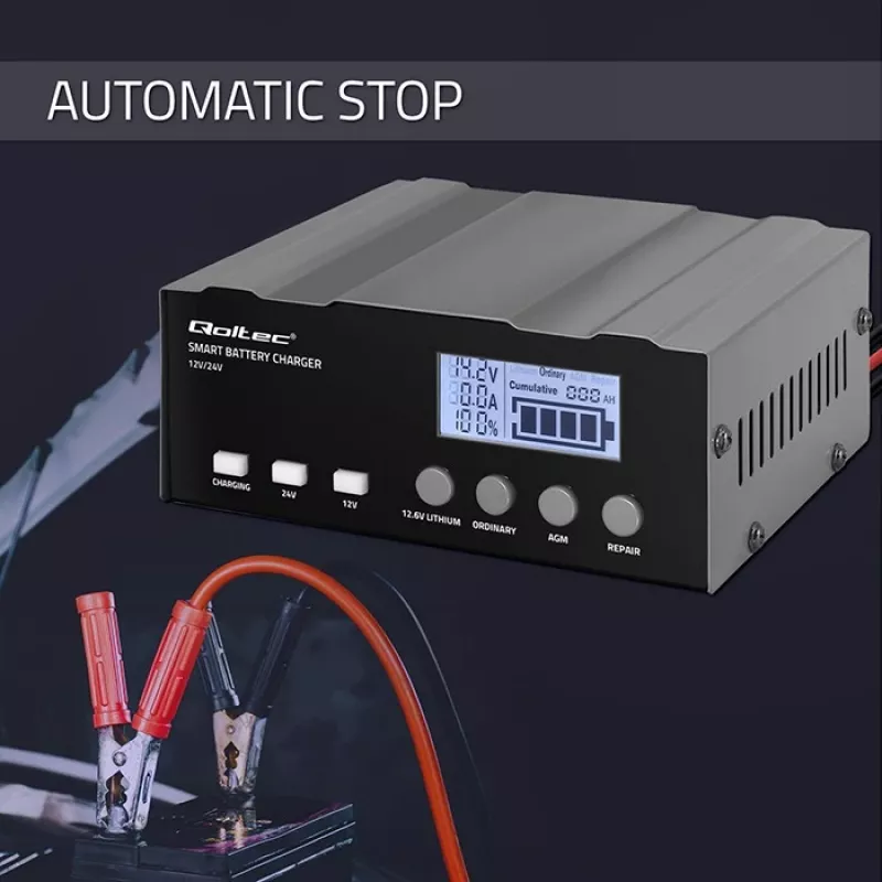 Baterijų įkroviklis QOLTEC 52491 mikroprocesorinis 12V/12,6V/24V su LCD