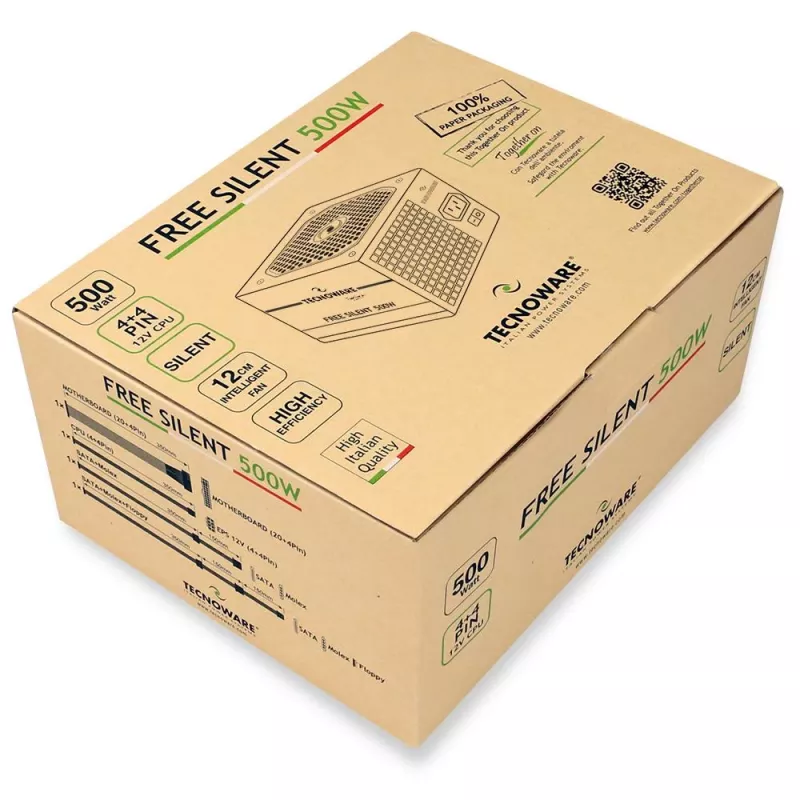 Maitinimo blokas TECNOWARE Free Silent 500 W — ATX, 20+4 kontaktų, 120 mm ventiliatorius, 86 % efektyvumas
