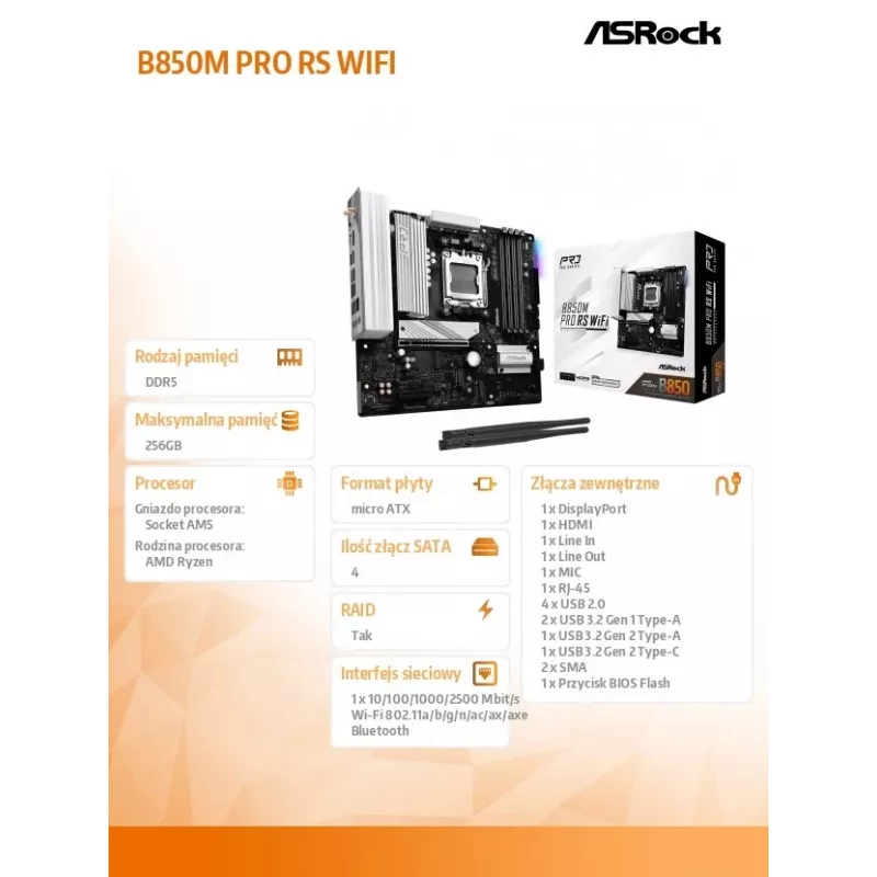 Pagrindinė plokštė ASRock B850M Pro RS WiFi — AMD B850, Socket AM5, microATX, DDR5, 4 DIMM, 256GB, Wi‑Fi 6E, 2.5Gb LAN, 3x M.2