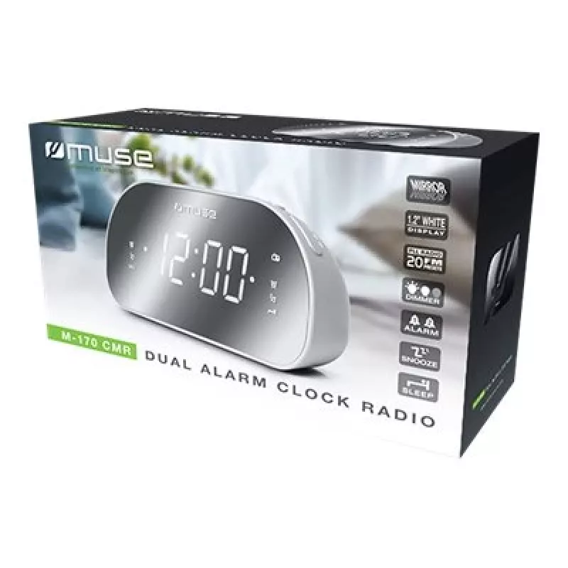 Laikrodinis radijas Muse M-170CMR – skaitmeninis laikrodis su FM radiju, 1,2 colio LED ekranu, 230V, AAA atsarginis maitinimas, veidrodinis/baltas