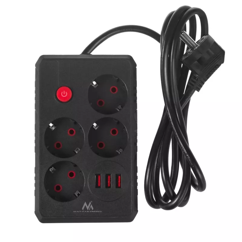 Ilgintuvas MACLEAN MCE392 B – 4 kištukiniai lizdai, 3×USB, 110–240V, 2,1A, 2500W, 1,5 m laidas, juodas