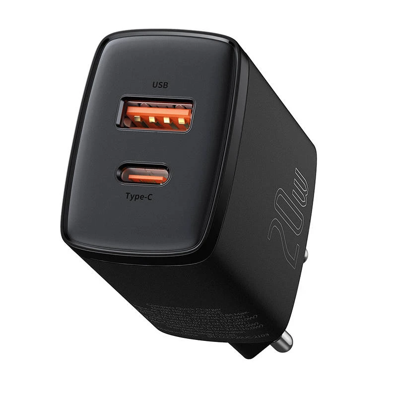 USB greitasis įkroviklis Baseus CCXJ-B01 — 2 prievadai (USB-C PD 20W + USB-A QC3.0 18W), 100–240V, Juodas