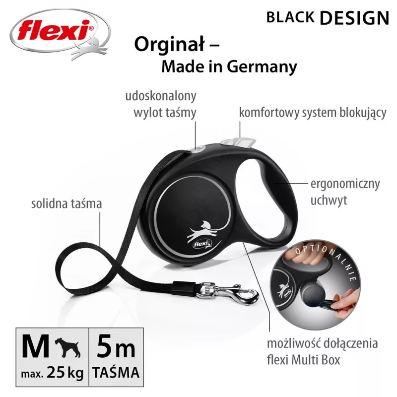 Flexi Black Design M 5 m – ištraukiamas pavadėlis šunims, juodas su žaliais akcentais