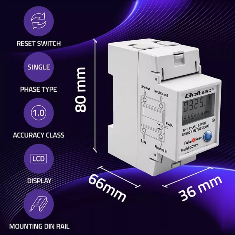 Energijos skaitiklis QOLTEC vienfazis DIN bėgelis 230V (MPN 50979)