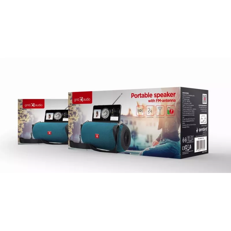 Nešiojamas stereofoninis garsiakalbis GEMBIRD SPK-BT-17-G – Bluetooth 5.1, 5 W RMS, 1200 mAh, MicroSD, FM, AUX