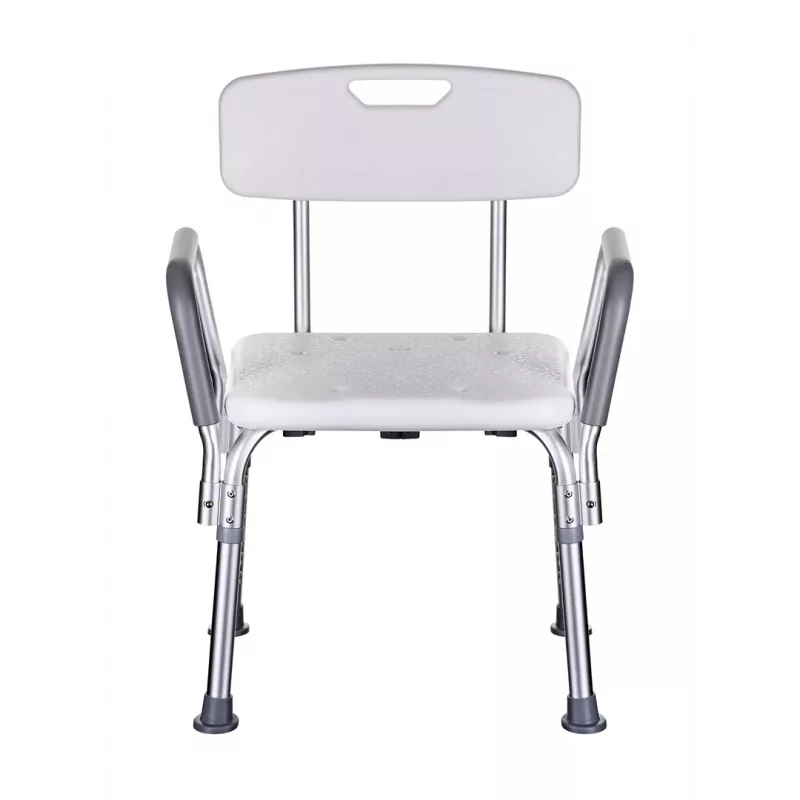 Priekabinis dušo kėdė ActionMed KP300AM su atlošu ir porankiais, polipropilenas, reguliuojamas aukštis 43–56 cm, sėdynė 40×33 cm, maks. svoris 110 kg