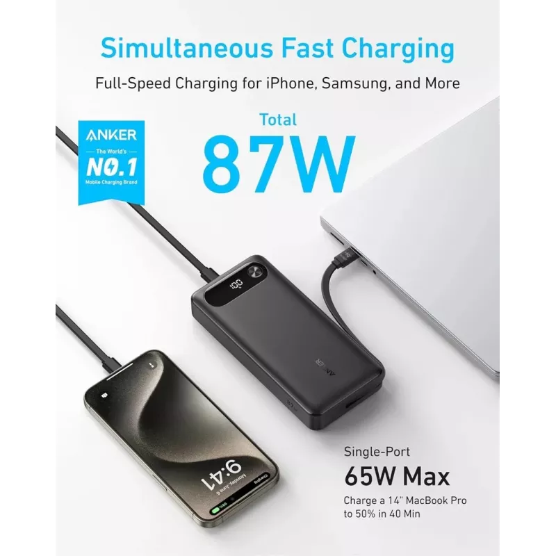 Nešiojamas įkroviklis Anker A1383011 — 20000 mAh, 1× USB-A + 1× USB-C, bendra 3,6 A, juodas