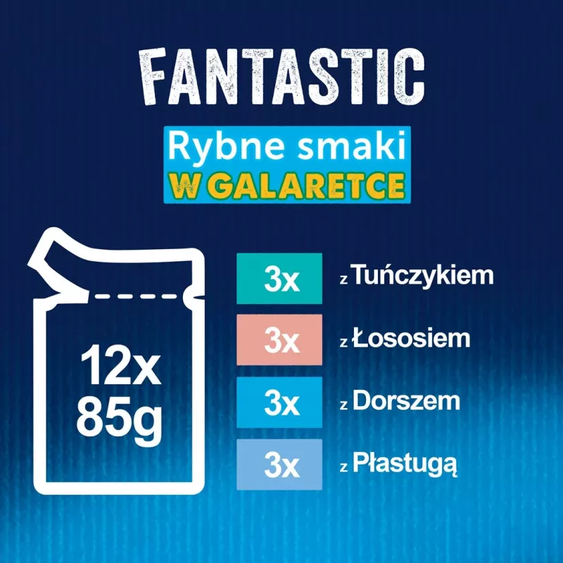 Šlapias kačių maistas Purina Nestlé FELIX Fantastic žuvies skoniai – tunas, lašiša, menkė, plekšnė, 12×85 g paketėliai